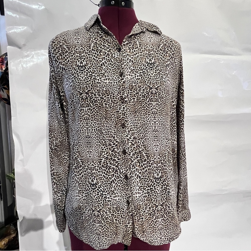 Dalia Collection Shirt Women's med Brown Animal Print Tunic Blouse Rayon